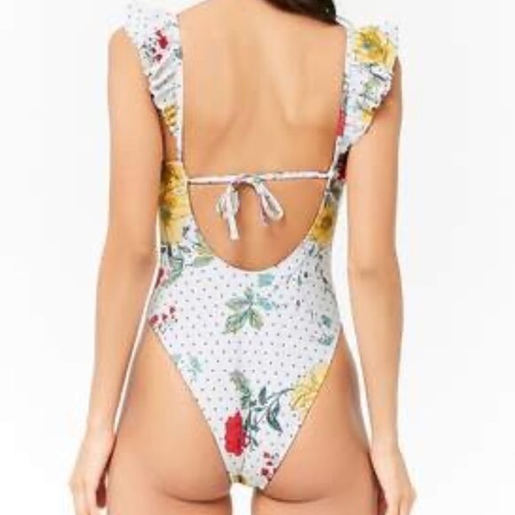 Forever 21 Sz S Vintage Y2K Deep-V Floral Ruffle One Piece Bathing Suit - Picture 6 of 9